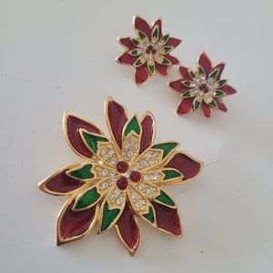 Vintage Earrings & Pin Enamel Gold Tone Rhinestone Flower Brooch Earrings Red